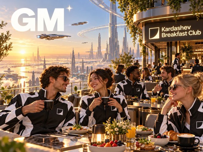 A group of people in matching black-and-white jackets gather for breakfast at the "Kardashev Breakfast Club," set high among floating futuristic cities at sunrise. The scene matches the post's "gm e/acc fam" energy—channeling an optimistic, forward-looking vibe of community and momentum to "get after it."