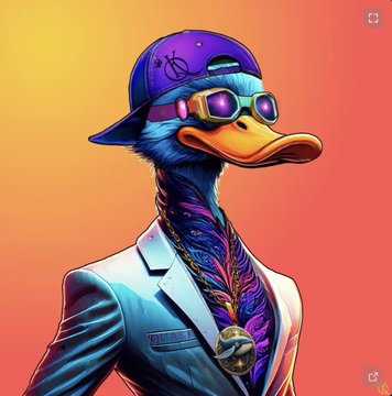 A colorful digital illustration of a stylized bird or duck character wearing a purple backwards cap, goggles, a blazer, and a gold chain necklace against a yellow-orange gradient background.