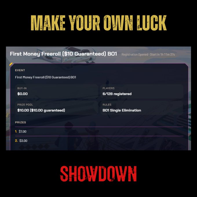A 'First Money Freeroll ($10 Guaranteed) BO1' tournament screen showing 6/128 registered players, a $0.00 buy-in, and prizes of $7.00 and $3.00, captioned 'MAKE YOUR OWN LUCK' and 'SHOWDOWN'.