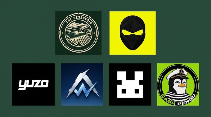 Six logos arranged on a dark green background, including 'THE RESERVOIR', a ski mask icon, 'yuzo', a stylized 'M' or mountain symbol, a white geometric skull-like shape, and a penguin logo labeled 'CASH PENGU'.