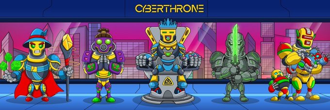 A cartoon image labeled 'CYBERTHRONE' showing five colorful robotic characters, with the central robot sitting on a throne.