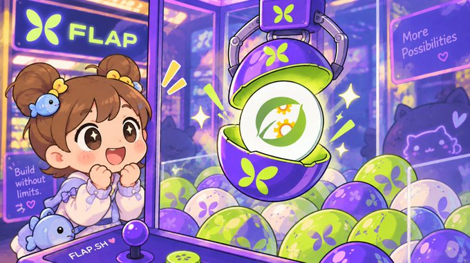 A vibrant anime-style illustration for "FLAP" featuring an excited girl with twin buns watching a purple capsule machine reveal a glowing green egg-like item, surrounded by colorful capsule toys and text reading "FLAP.SH," "Build without limits," and "More Possibilities."