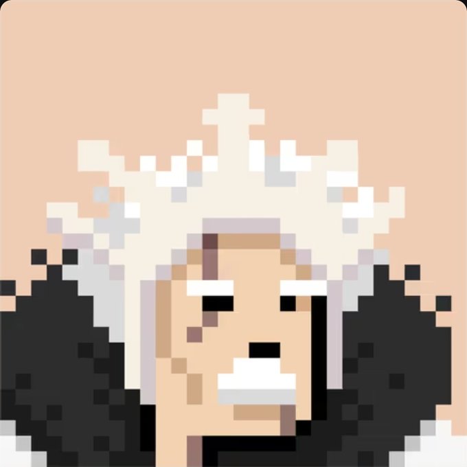 A pixel art illustration of a character with light skin and wild, blocky white hair against a peach background.