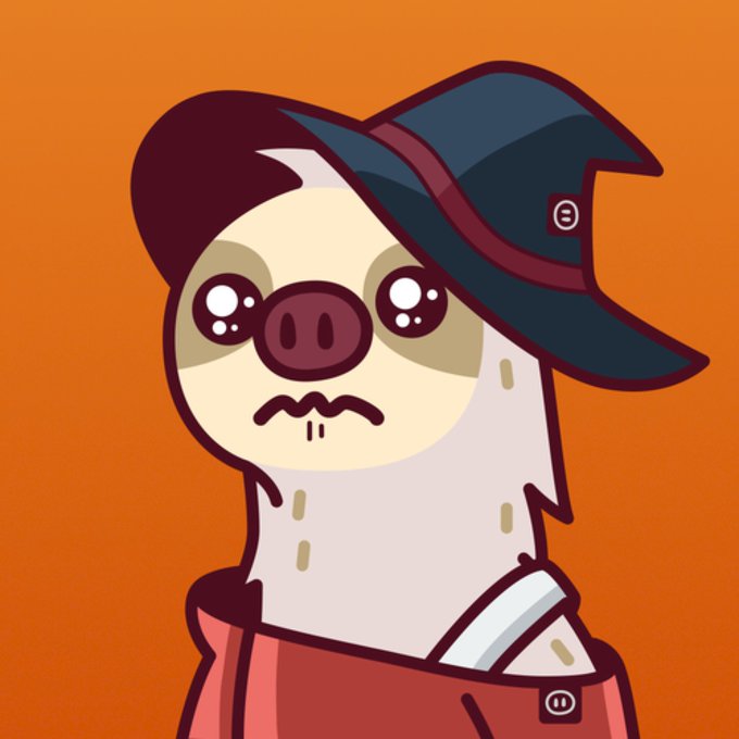A cartoon illustration of a pig wearing a dark pirate hat and a red coat with a sword hilt visible, set against an orange background.