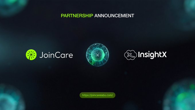 A dark promotional graphic with green accents displays "PARTNERSHIP ANNOUNCEMENT" at the top, featuring the JoinCare logo on the left and InsightX logo on the right, separated by a glowing teal sphere icon. The bottom includes the URL "https://joincarelabs.com/" in a green button, visually representing the announced collaboration between JoinCare and InsightX.