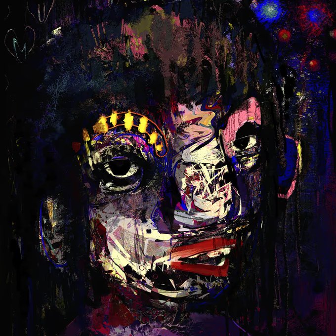 An abstract, expressionist painting of a face rendered in dark, chaotic brushstrokes with vibrant accents of yellow, pink, blue, and red, featuring prominent eyes and a fragmented facial structure.
