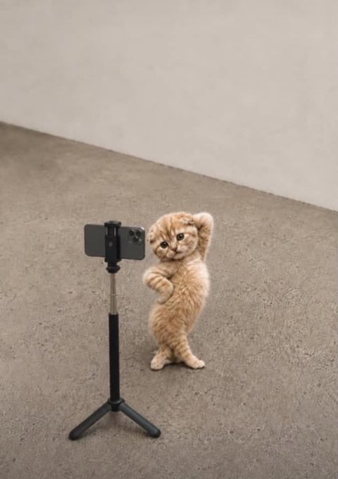 A small orange Scottish Fold cat stands on its hind legs with its paws behind its head, posing in front of a smartphone mounted on a small tripod.