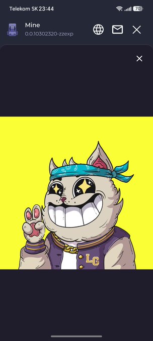A screenshot of an NFT labeled "Mine" (ID: 0.010302320-zzexp) shows a cartoon cat character with a teal bandana, gold chain, and purple varsity jacket making a peace sign on a bright yellow background, celebrating the user's mint of a Legendary rank LosGatos NFT.