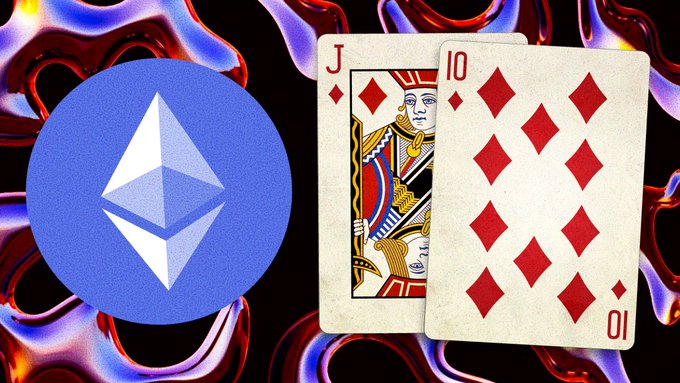 Image featuring the blue Ethereum (ETH) logo on the left alongside the Jack of Diamonds and 10 of Diamonds playing cards, set against a red and blue fiery background.