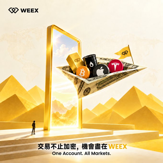 A WEEX cryptocurrency exchange advertisement featuring a smartphone portal in a golden desert landscape, with Bitcoin, Apple, Tesla, and other logos emerging from a money boat, with the tagline "One Account. All Markets."