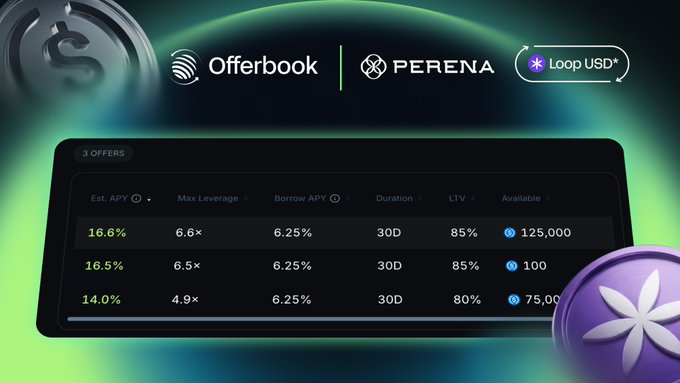 A digital advertisement for 'Offerbook' and 'PERENA' showing a crypto lending interface with offers featuring APYs like 16.6% and 16.5%, durations, and LTVs for 'Loop USD'.