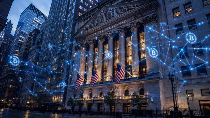 The New York Stock Exchange building at dusk, overlaid with a glowing blue blockchain network graphic featuring Bitcoin (B) symbols.