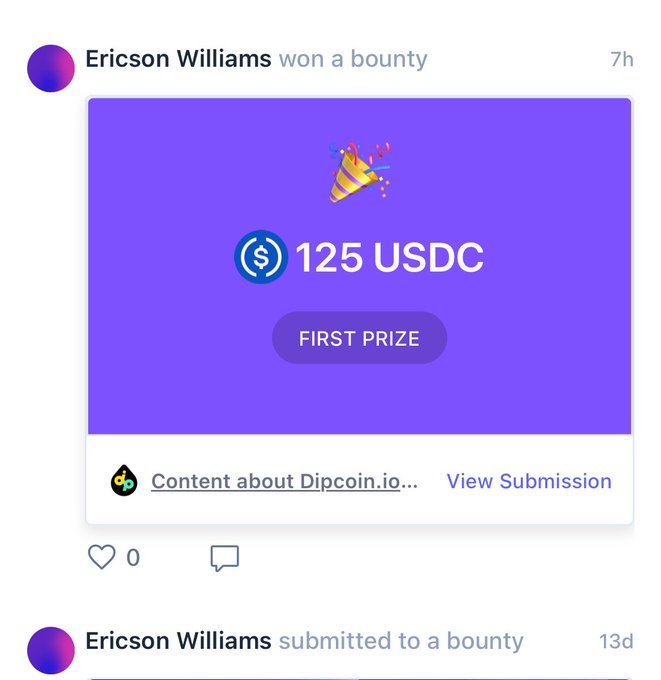 A notification showing Ericson Williams won a bounty of 125 USDC as First Prize for 'Content about Dipcoin.io...', with a 'View Submission' link.
