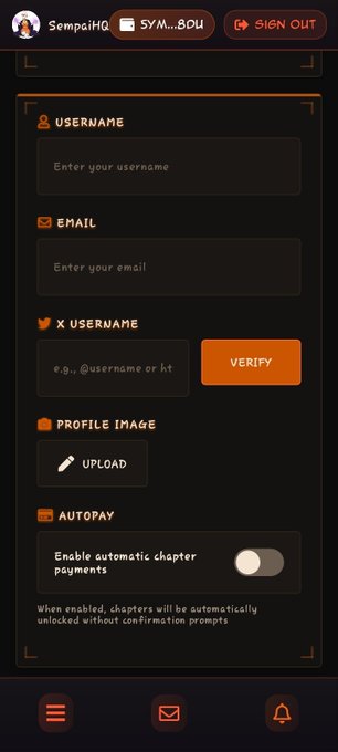 A user settings form on a dark-themed app with fields for username, email, X username verification, profile image upload, and an autopay toggle for automatic chapter payments.