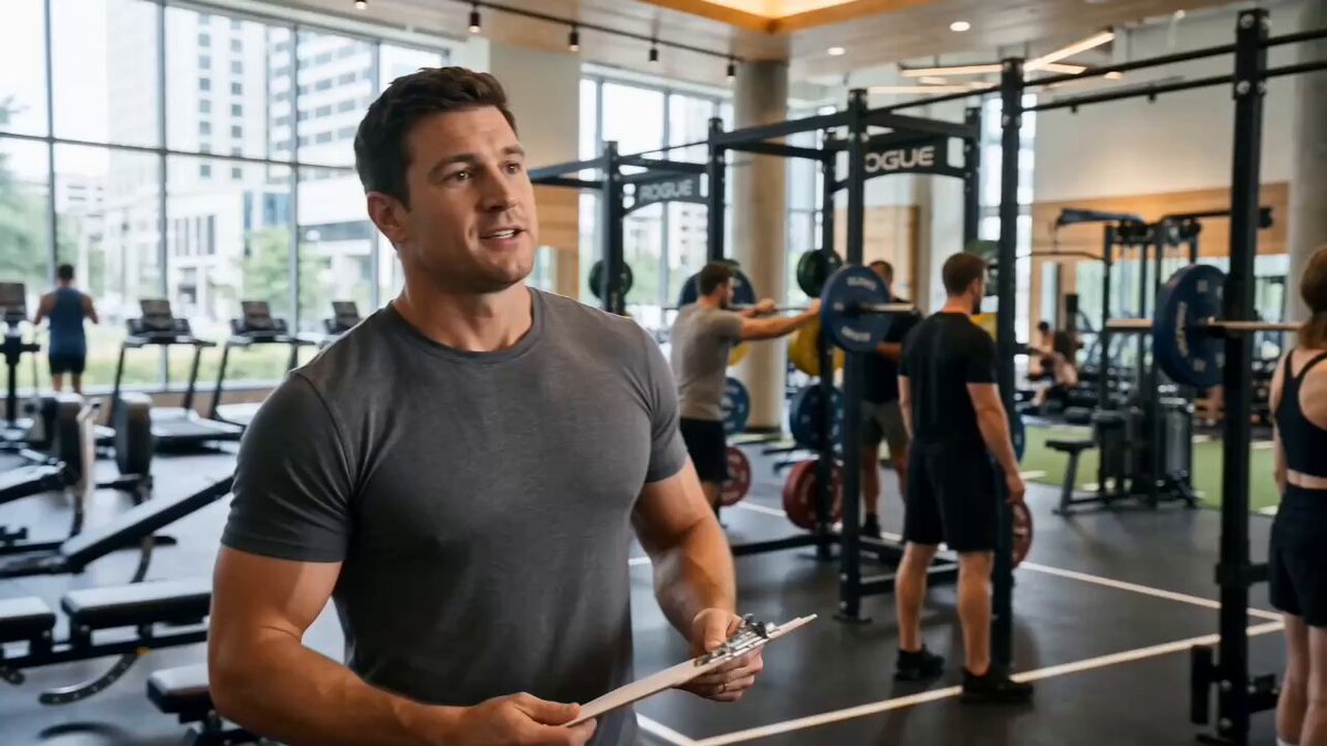 The image shows a man standing in front of a gym, holding a clipboard with his hands. He appears to be giving instructions or talking about fitness goals. The background reveals that there are several people working out at the gym as well. A sign is visible on the wall behind him, which reads "Striving for more? Give daily a try." This suggests that the man might be a trainer or coach providing guidance and motivation to his clients in this fitness center.