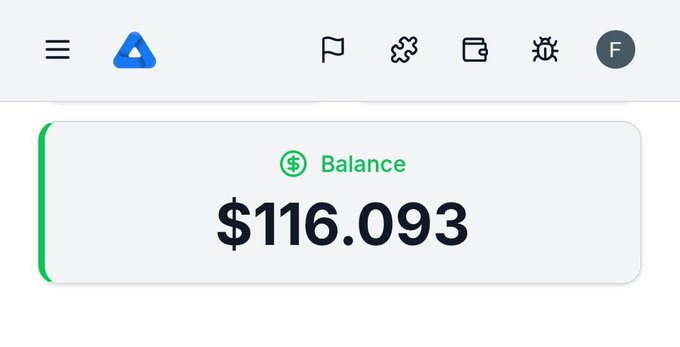 The image displays a dashboard showing a balance of $116.093, illustrating the earnings referenced in the post that boasts about bagging over $100 from an update. The screen features navigation icons along the top and highlights the dollar amount in large green text, visually confirming the "100+" figure mentioned in the caption.
