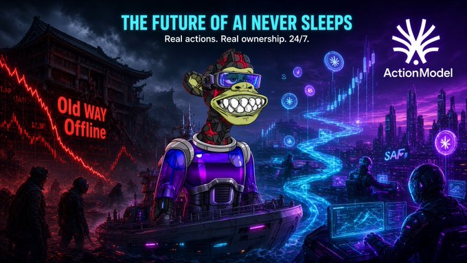 An advertisement for 'ActionModel' features a cyborg character with a wide grin, split between a red 'Old Way Offline' scene on the left and a neon-lit 'SAF' cityscape on the right, with the tagline 'THE FUTURE OF AI NEVER SLEEPS - Real actions. Real ownership. 24/7.'