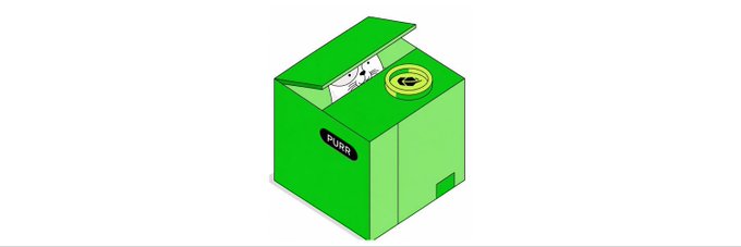 A green box branded "PURR" with its top flaps open, displaying a yellow coin and a cat-shaped emblem inside, visually reinforcing the $PURR token imagery from the post about the project's quiet but promising emergence.