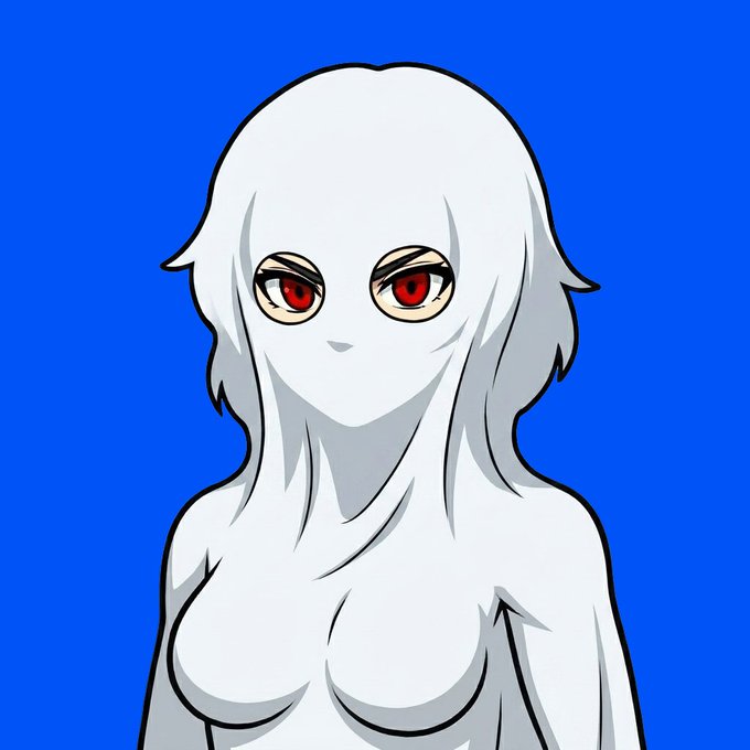 The image features a white female character with red eyes, resembling a cartoon or anime character. She has long hair that falls down her back, giving her a unique appearance. The character appears to be wearing a sheet or costume, which adds to her distinctive look. The background of the image is blue, providing a stark contrast to the white character and making her stand out even more. The post about the Ghost A character in the collection seems to be related to this specific image, as it highlights the character's unique features and how she fits into the overall narrative.
