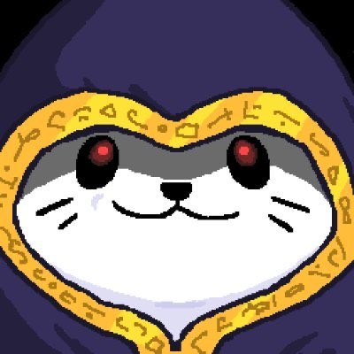 Pixel art illustration of a white cat character wearing a dark purple hood with a yellow, rune-inscribed heart-shaped trim framing its face.