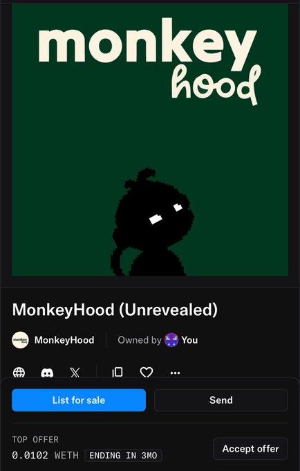 A screenshot of a NFT collection page on OpenSea showing the "MonkeyHood (Unrevealed)" collection, owned by the user, with a top offer of 0.0102 WETH ending in 3 months, which aligns with the post's sentiment of disappointment over the low value and lack of reveal, suggesting the project has not met expectations.