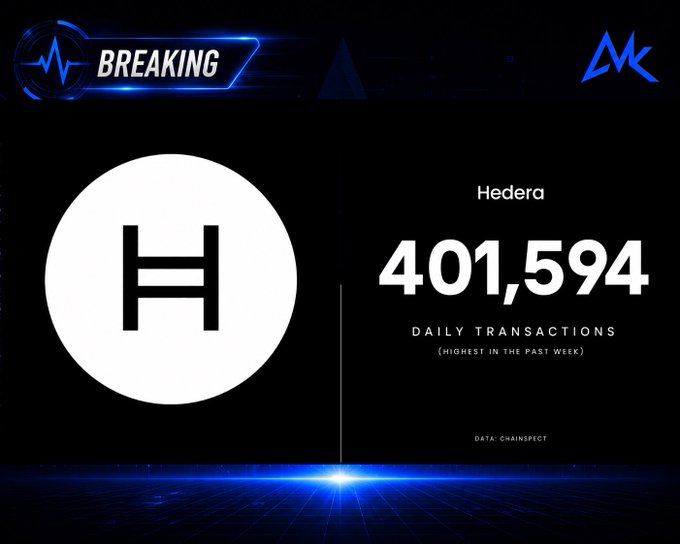 A breaking news graphic announces that Hedera has processed 401,594 daily transactions, marking its highest throughput in the past week, with data sourced from Chainspect.