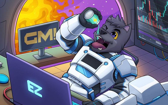 A cartoon black panther in a spacesuit lounges at a computer setup, gleefully drinking from a flask with green liquid, while a pixelated sign displays "GMI" and a monitor shows a Bitcoin candlestick chart—perfectly illustrating the GM (Good Morning) crypto send-off and the question of whether BTC will hit $68K or $61K first.