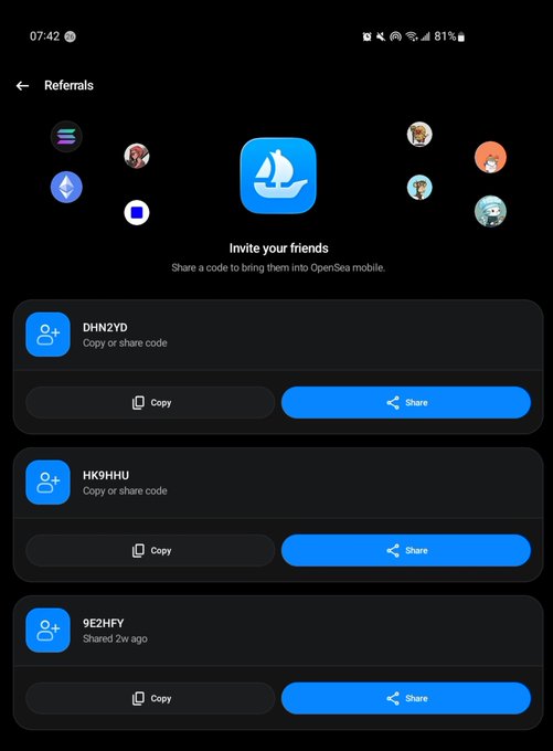 A mobile screenshot of an OpenSea Referrals page showing the prompt 'Invite your friends' and 'Share a code to bring them into OpenSea mobile,' listing codes DHNZYD, HK9HHU, and 9E2HFY with Copy and Share buttons.