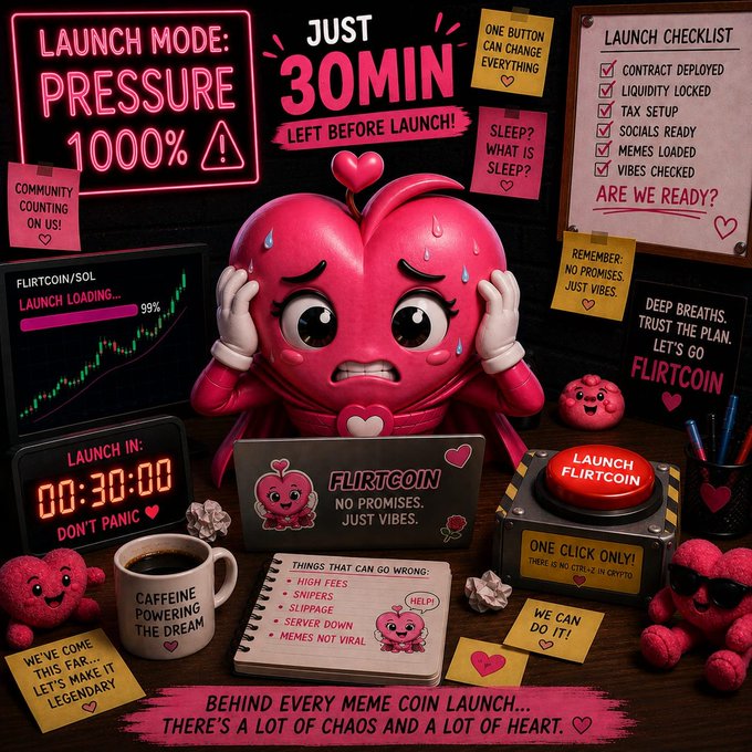 A chaotic, colorful illustration shows a stressed pink heart character surrounded by launch-related items including a countdown timer reading "00:30:00", sticky notes like "LAUNCH MODE: PRESSURE 1000%", a "FLIRTCOIN" button, and checklists for a meme coin launch.