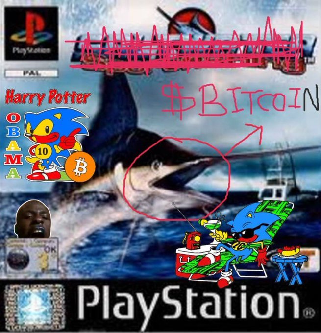 The image is a chaotic surreal meme collage featuring a shark emerging from water, overlaid with PlayStation branding, the text "Harry Potter," the "$BITCOIN" symbol, and multiple cartoon images of Sonic the Hedgehog, along with a small inset of a man's face. The caption "HarryPotterObamaSonic10inu" directly references the absurd combination of pop culture characters (Harry Potter, Obama, Sonic) and the "10" badge on the Sonic figure, while the "$BITCOIN" circle and "Harry Potter" text tie into the meme's association with cryptocurrency culture, matching the post's joke about $BITCOIN token holders.