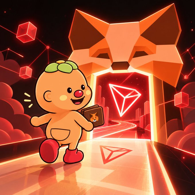 A cartoon illustration of a small character with green hair on its head running with a wallet, set against a futuristic orange and red background featuring a large geometric fox face and a glowing triangular logo.