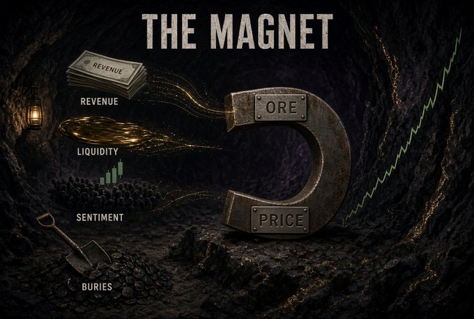 An illustration titled 'THE MAGNET' depicting a large horseshoe magnet attracting elements labeled 'REVENUE' (money), 'LIQUIDITY' (gold), 'SENTIMENT' (people), and 'BURIES' (gold coins) in a dark mine setting, with an upward green price trend line.