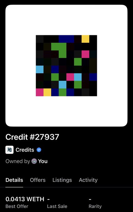 An NFT marketplace listing for 'Credit #27937' from the 'Credits' collection, showing a colorful pixelated artwork and a Best Offer of 0.0413 WETH.