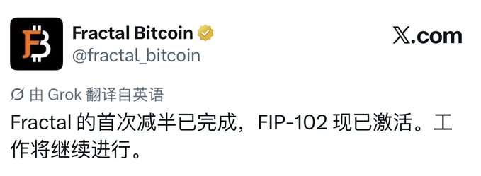 A screenshot of a tweet from the official Fractal Bitcoin account (@fractal_bitcoin) on X.com announcing that Fractal's first halving is complete and FIP-102 has been activated, with work continuing. The post includes a Grok translation note from English to Chinese and aligns with the announcement about FIP-102 activation following the first halving event.