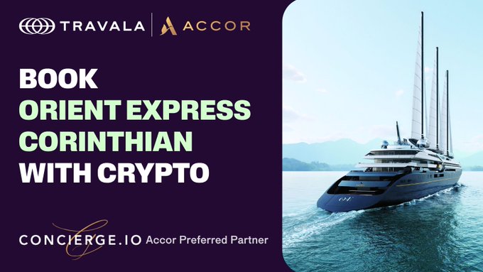 A promotional graphic featuring logos for Travala and Accor, alongside the text "BOOK ORIENT EXPRESS CORINTHIAN WITH CRYPTO," pairs with an image of the sleek Orient Express Corinthian mega-yacht sailing on open water, highlighting the new partnership that allows travelers to book this 220m luxury cruise ship using cryptocurrencies like BTC and USDT through Concierge.io.