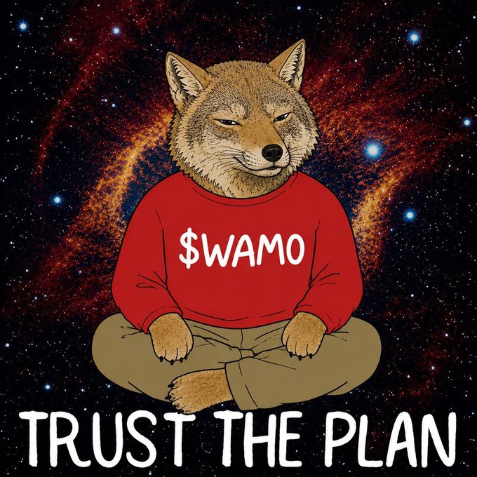 An illustrated wolf in a red "$WAMO" sweatshirt meditates cross-legged against a cosmic backdrop, with the caption "TRUST THE PLAN" beneath—visually reinforcing the post's message of confident, long-term conviction in the $WAMO token as it grows from 5K to 8K market cap.