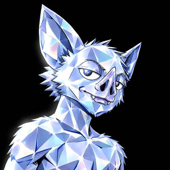 A stylized illustration of a wolf or canine character's head and torso made of faceted, crystalline blue and white geometric shapes against a black background.