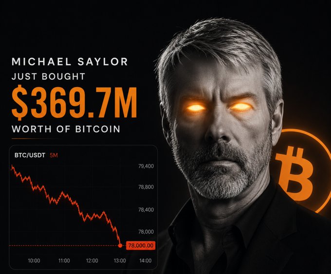 A news graphic featuring a man with glowing orange eyes, accompanied by the text 'MICHAEL SAYLOR JUST BOUGHT $369.7M WORTH OF BITCOIN' and a declining BTC/USDT chart.