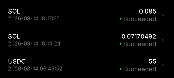A mobile app transaction history showing successful transfers of 0.085 SOL, 0.07170492 SOL, and 55 USDC dated 2026-08-14.