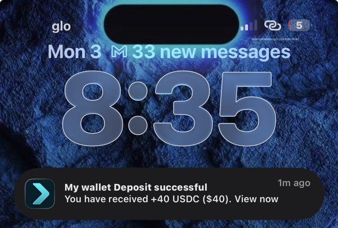 An iPhone lock screen displays the time 8:35 on Monday the 3rd, with a notification from "My wallet" showing "Deposit successful — You have received +40 USDC ($40)" from 1 minute ago. The image relates to the post by showcasing tangible crypto earnings, reinforcing the claim that Web3 jobs are a winning endeavor.