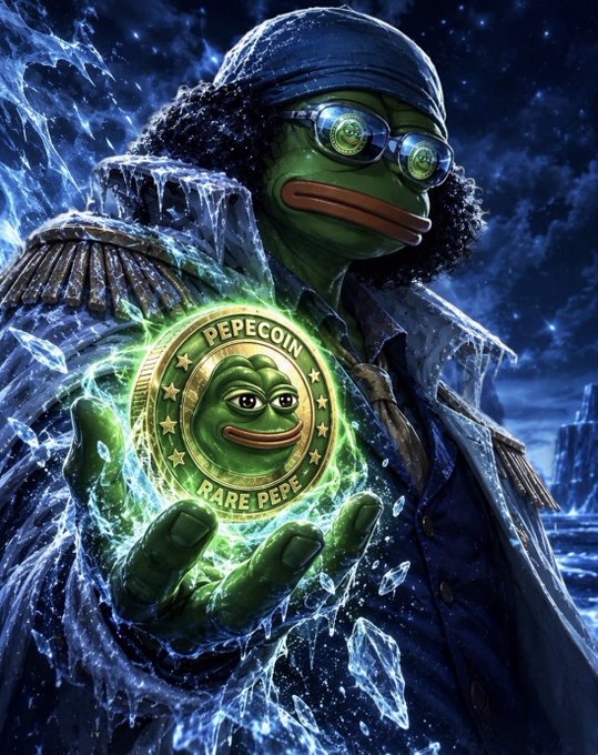 A digital artwork of a Pepe the Frog character dressed as a wizard with a blue bandana and glowing goggles, holding a glowing gold coin labeled "PEPECOIN RARE PEPE" with a green frog face on it, surrounded by icy blue energy.