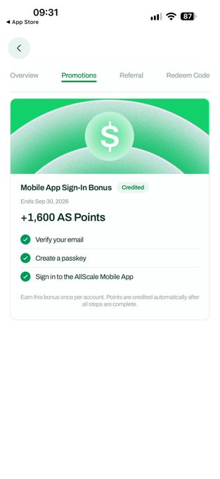 A screenshot of the AllScale mobile app showing the "Mobile App Sign-In Bonus" promotion, which awards 1,600 AS Points upon completing three steps: verifying email, creating a passkey, and signing in to the AllScale Mobile App. The post references this promotion as a task worth completing to earn points toward the upcoming airdrop.
