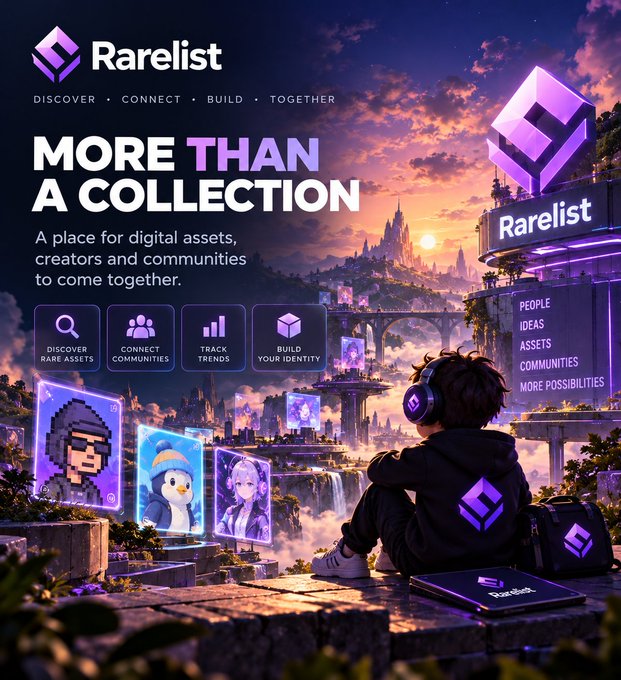 A promotional graphic for 'Rarelist' - 'More Than A Collection' - featuring digital art NFT displays, a person wearing headphones, and a fantasy cityscape backdrop.