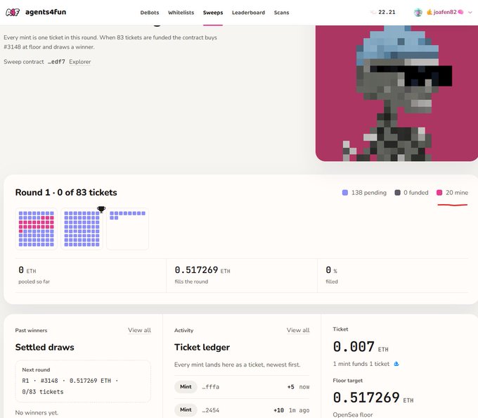 A screenshot of the "agents4fun" website showing a Sweeps round titled "Sweep contract _edf7 Explorer" with Round 1 of 83 tickets, currently 0 ETH pooled and 0% filled, featuring a pixelated character image and ticket prices of 0.007 ETH.