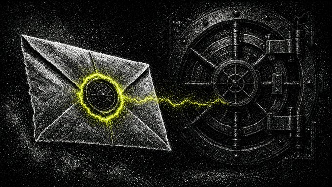 A black and white illustration shows a gray envelope connected to a large circular vault door by a jagged yellow line resembling electricity or a laser.