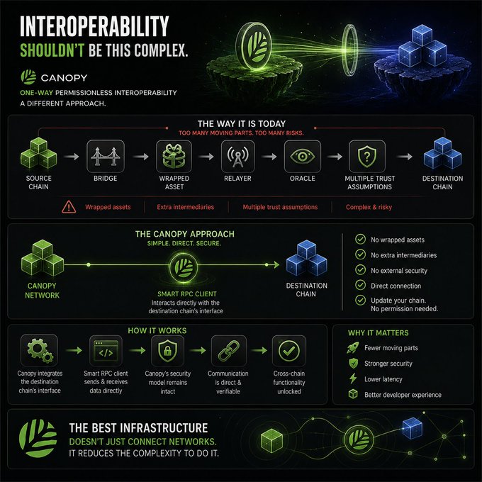 A technical infographic for 'CANOPY' explaining 'INTEROPERABILITY SHOULDN'T BE THIS COMPLEX' with diagrams comparing traditional cross-chain methods versus Canopy's one-way permissionless interoperability approach.