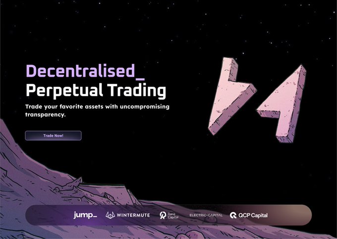 A promotional graphic for 'Decentralised Perpetual Trading' featuring a 'Trade Now!' button and logos for jump_, Wintermute, Space Digital, Electric Capital, and QCP Capital against a dark space background.
