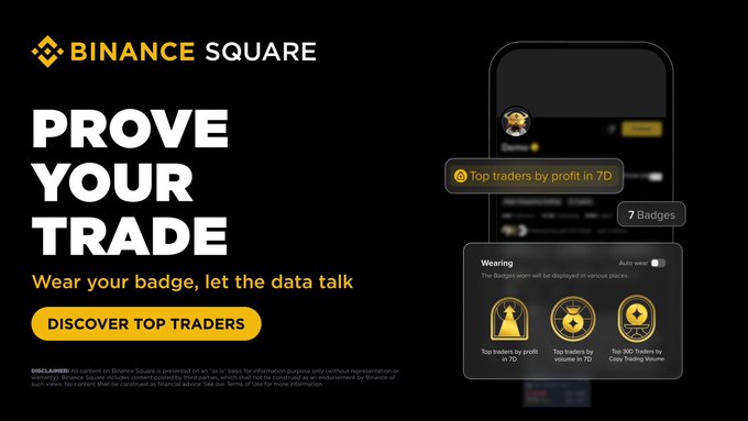A Binance Square promotional graphic titled "PROVE YOUR TRADE" encourages users to "DISCOVER TOP TRADERS" and showcase digital trading badges—such as "Top traders by profit in 7D"—on their profiles, aligning with the announcement that Trading Badges are now live and ranked by real performance data.