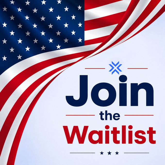 The image displays a waving American flag alongside bold text reading "Join the Waitlist," visually reinforcing the call to action for users to sign up for early access to LCX Exchange as it expands state by state across the U.S. The patriotic design underscores the post's message about the platform's nationwide rollout.