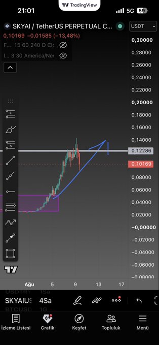 A TradingView mobile chart shows SKYAI/USDT perpetual futures at 0.10169, down 13.48% (-0.01585) on the daily timeframe, with the price having spiked to 0.14000 before pulling back sharply — illustrating the volatile "if it goes, it goes" rally and rejection the post is highlighting.